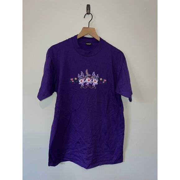 Vintage Sherry's Best Hummingbird Floral Shirt Flower Graphic Purple Tee VTG L - Picture 1 of 8